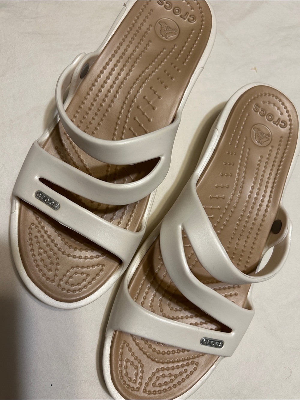 CROCS Women’s White and Tan Croslite Slide Sandals